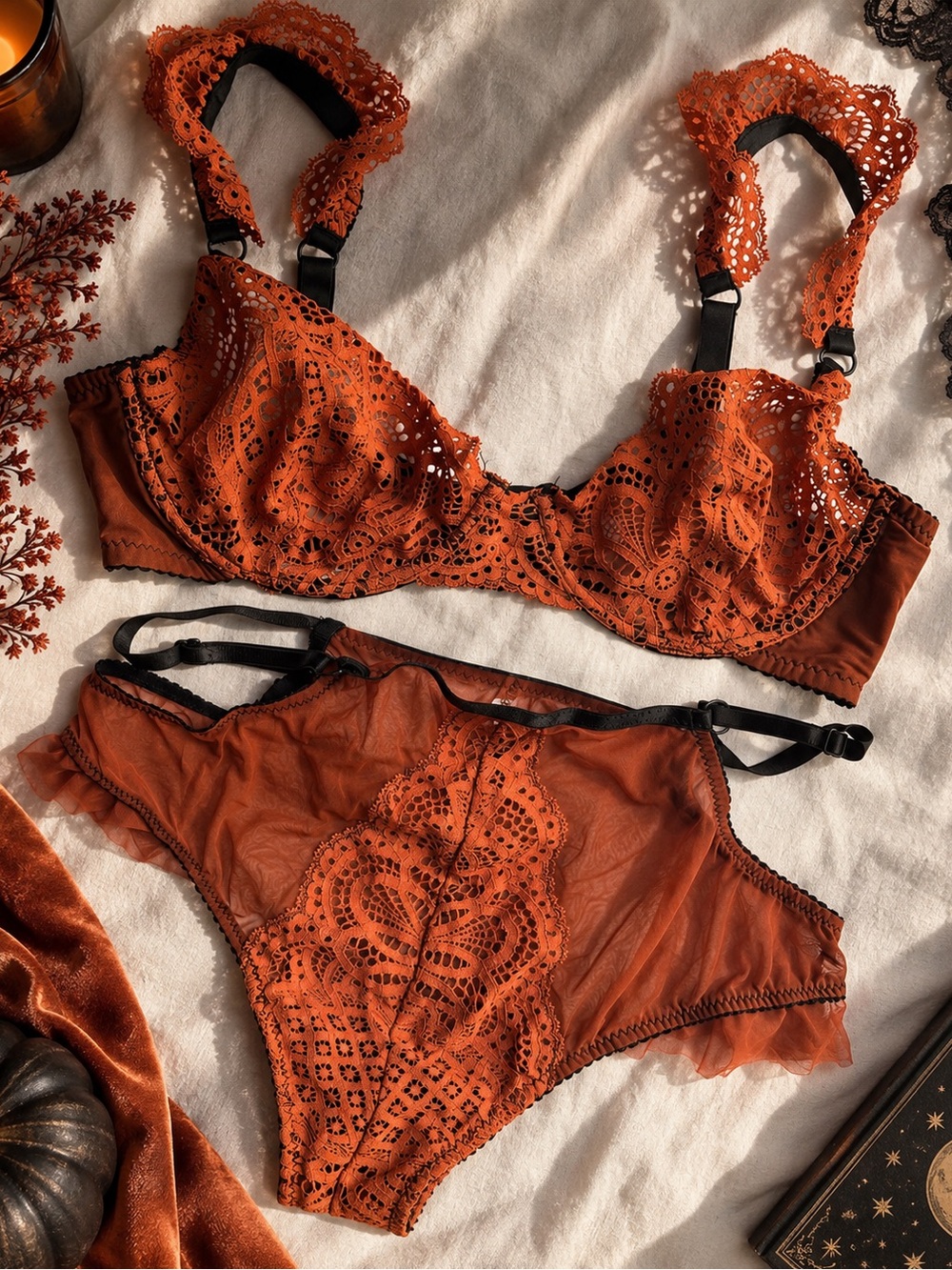 Lace Balconette Bra & High-Cut Brief Set — Burnt Orange- L/XL fall/halloween